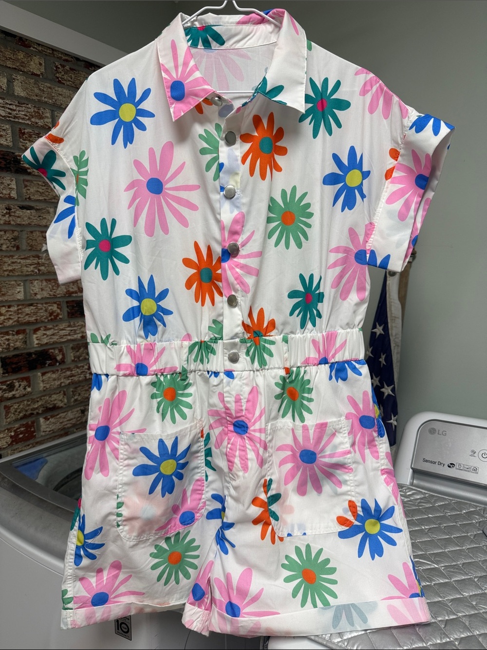 Womens White Floral Button & Zipper Romper - Pink, Blue, Green & Orange